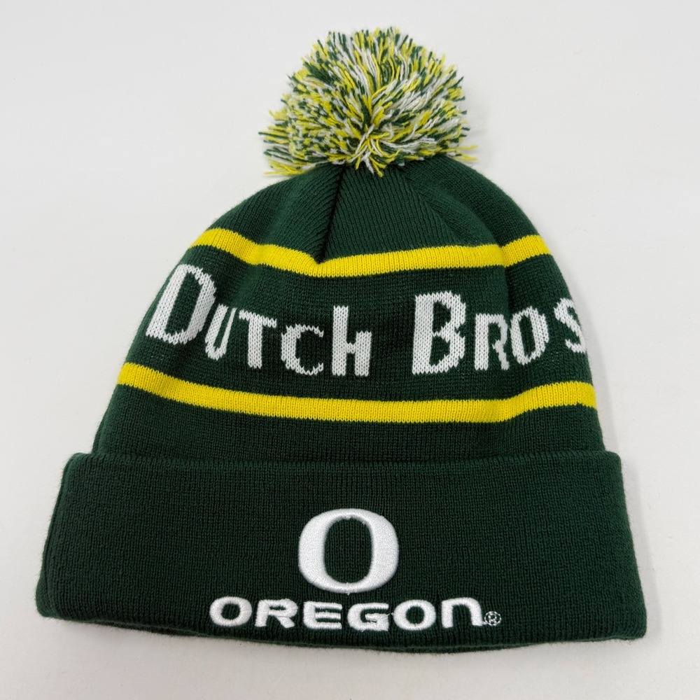 Dutch Bros Oregon Beanie Green Yellow Pom Pom Knit Hat Cuffed One Size